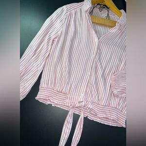 Beach Lunch Lounge Women's Pink Striped Tie Hem Shirt Size Small EUC